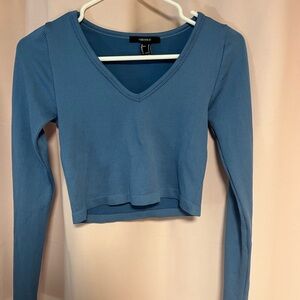 Forever 21 Blue Ribbed Fitted Long Sleeve Crop Top